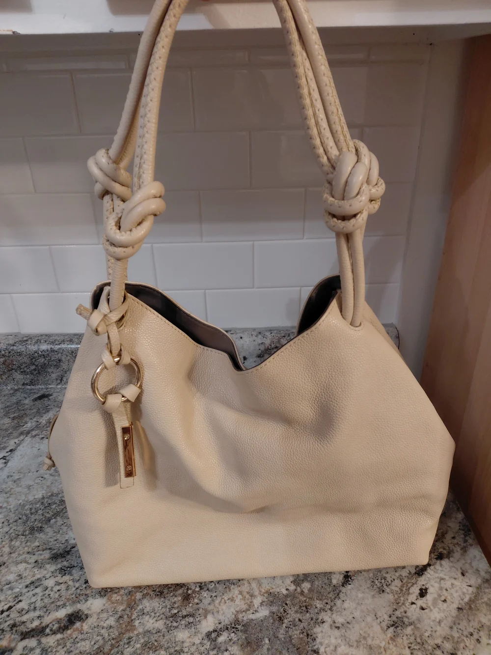 Vince Camuto Cream Pebbled Leather Knotted-Handle Hobo Bag Purse